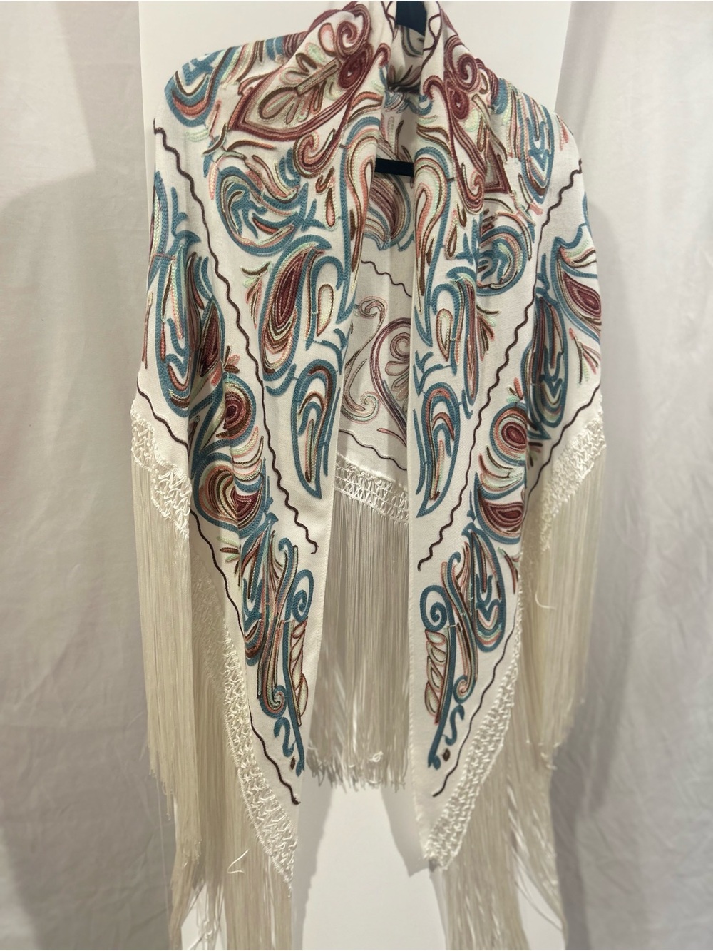 Idyllwind Embroidered Paisley Fringe Shawl in Ivory, Teal & Rust